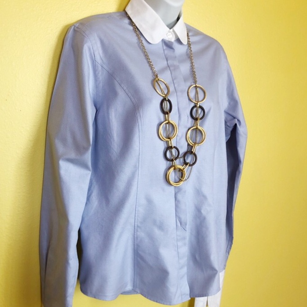 TM Lewin Blue + White Collared Button Down Blouse